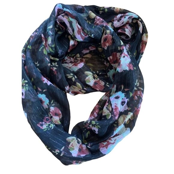 Womens Black with Pink Flowers and Glitter Strands Infinity Scarf 21" x 70" - Picture 1 of 13